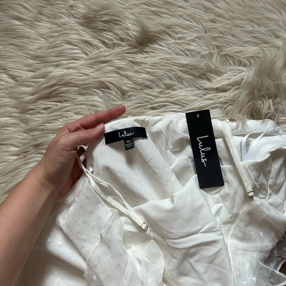 LULU’S More Than Gorgeous White Mesh Ruffled Swiss Dot Midi Dress - Picture 6 of 6